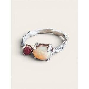 Beautiful Natural Ethiopian Fire Opal 925 Sterling Silver Ring Sz 7.5 Tourmaline